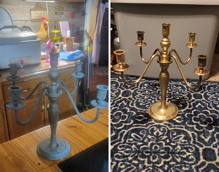 Dumpster diving treasure: two candelabras shown before and after restoration, with a noticeable transformation in appearance.