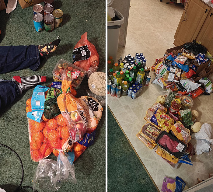 Dumpster diving finds including fresh produce, canned goods, and snacks displayed on a floor.