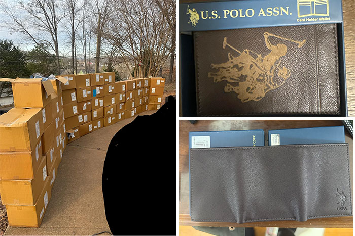 Boxes and U.S. Polo Assn. wallet found while dumpster diving.