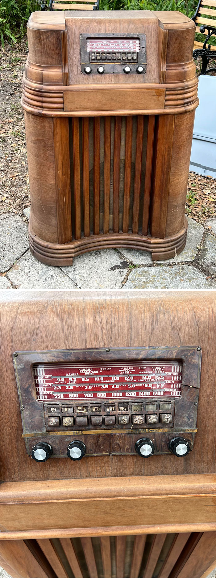 Antique radio discovered while dumpster diving, with knobs and wood paneling.
