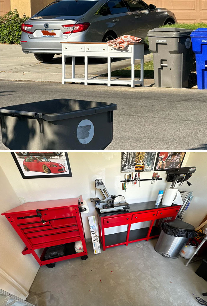 Dumpster diving find: transformed white console table into a vibrant red garage tool bench setup.