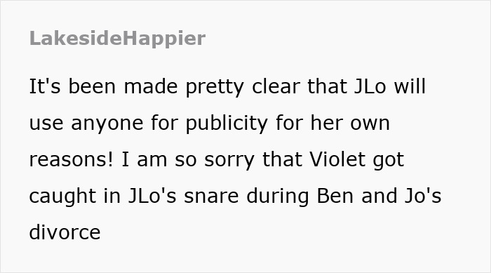 Text discussing Ben Affleck, Jennifer Garner's daughter, and JLo's motives during their divorce.