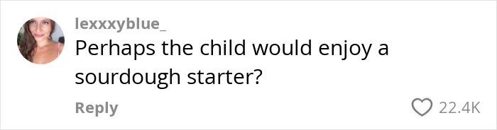 Comment referencing demands for a child's birthday party, reads "Perhaps the child would enjoy a sourdough starter? Comment referencing demands for a child's birthday party, reads "Perhaps the child would enjoy a sourdough starter?