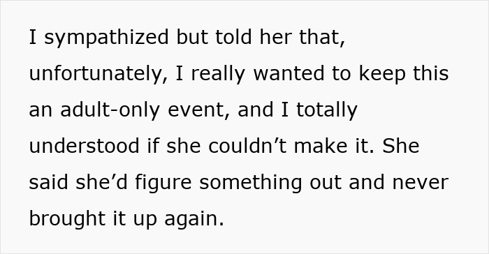 Text about a conversation on hosting a child-free birthday dinner.