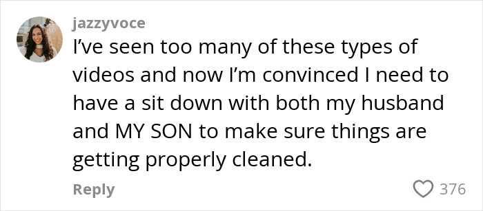 Comment on viral shower video by jazzyvoce about husband's cleaning habits, sparking discussion among straight women.