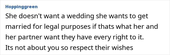 Text comment on a forum about wedding preferences, emphasizing respecting wishes.