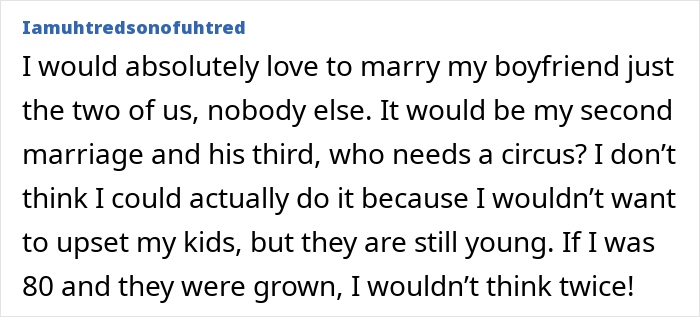 Text post discussing second and third marriages, mentioning kids and the idea of a small wedding ceremony without guests.