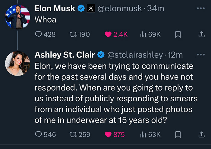 Elon Musk commenting "Whoa" on Twitter thread by Ashley St. Clair about communication issues and public responses.
