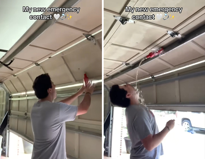 Man attempting to use a soft drink to fix a garage door, creating a humorous crisis instead of solving the emergency.