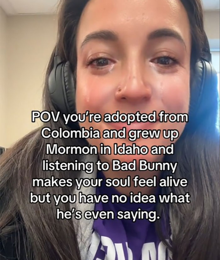 Woman with tears wearing headphones, text overlay discusses adoption and Mormon upbringing.