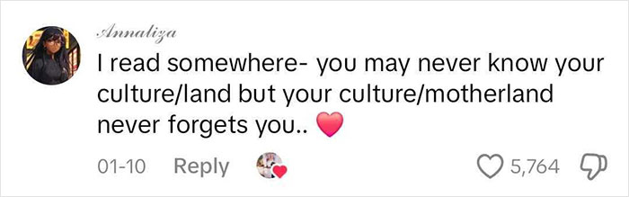 Social media comment on learning about cultural roots, expressing emotional connection and discovery with heart emoji.