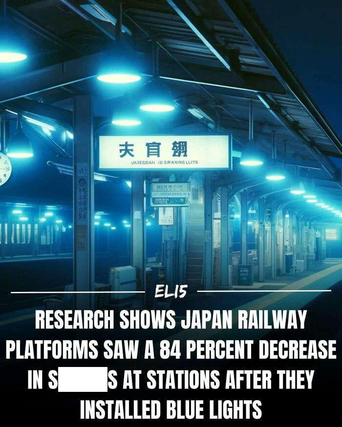 Japan railway platform with blue lights, highlighting simplified facts for easy understanding by kids.