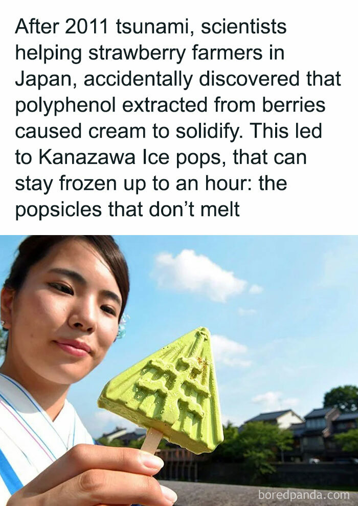 Woman holding a no-melt Kanazawa ice pop, discovered by scientists after 2011 tsunami, with green trees in the background.