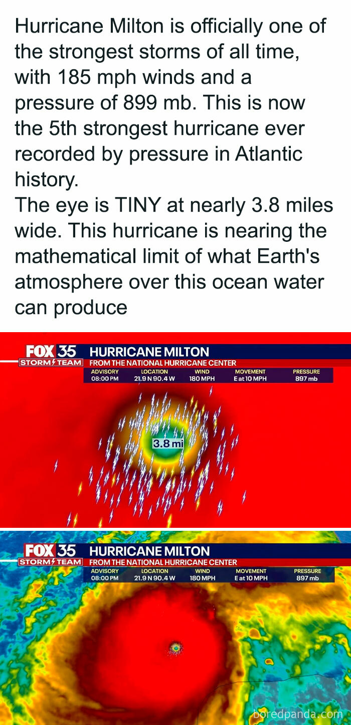 Hurricane Milton details with wind speed, location, and pressure shown on weather graphic.