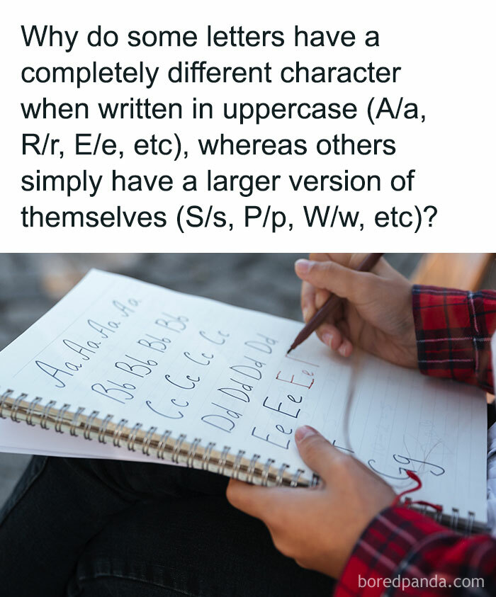 Person writing uppercase and lowercase letters in a notebook, showcasing interesting facts about letter differences.