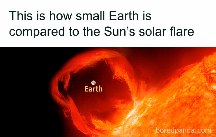 Earth compared to a large solar flare from the Sun, illustrating size contrast in an interesting and simple way.