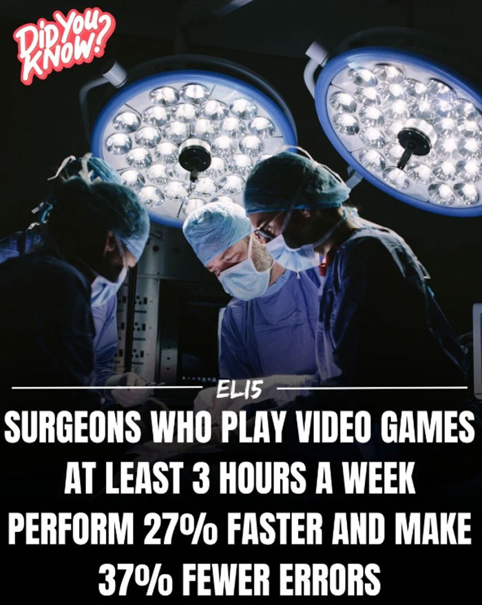 Surgeons in an operating room with fact text about video games improving surgical performance.