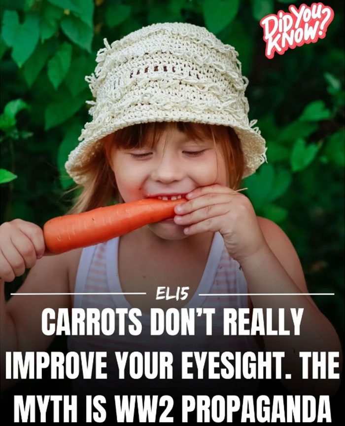 Child eating a carrot with text about the eyesight myth, simplifying interesting facts.
