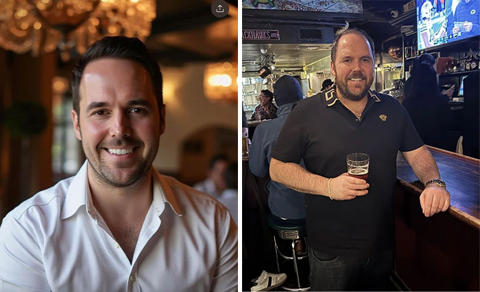 Two images showing a man: one airbrushed for Instagram, the other in a bar setting with a glass, illustrating Insta vs. Reality.