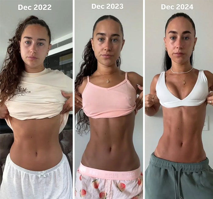 Three side-by-side photos of a woman showcasing body transformation across 2022, 2023, and 2024, highlighting Photoshop.