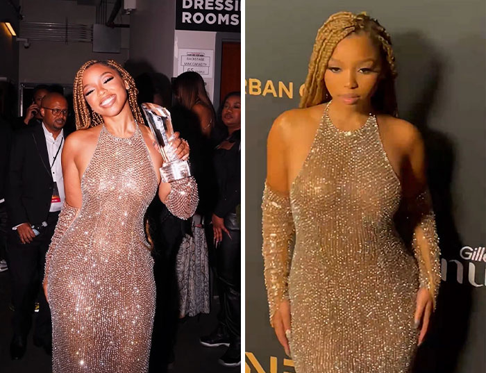 Person in a glittering gown holding a trophy, showcasing "Photoshop Airbrush" effect in side-by-side images.