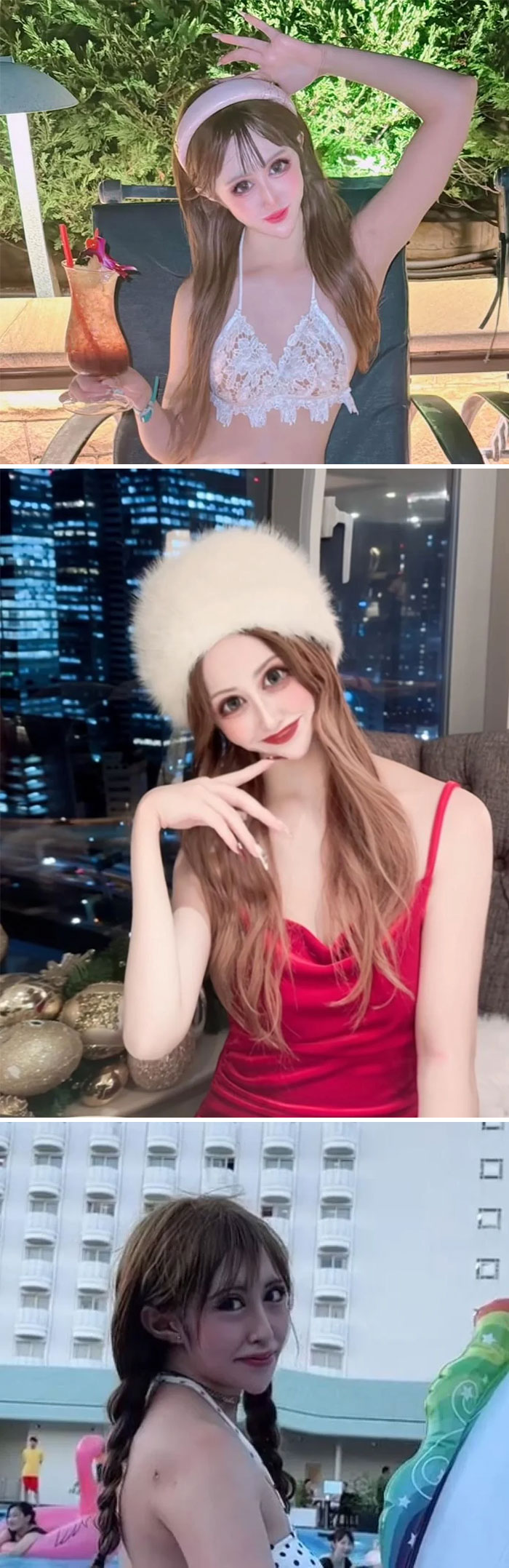 People posing with heavy Photoshop airbrush, showing exaggerated features in various settings.