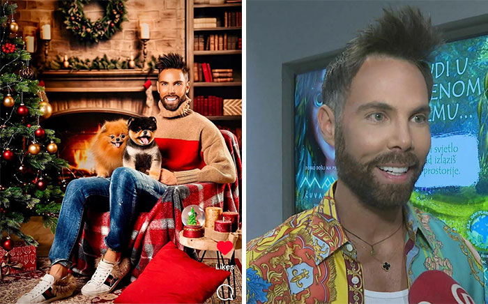 Insta vs. reality of a man with pets; photoshopped holiday setting versus casual interview scene.