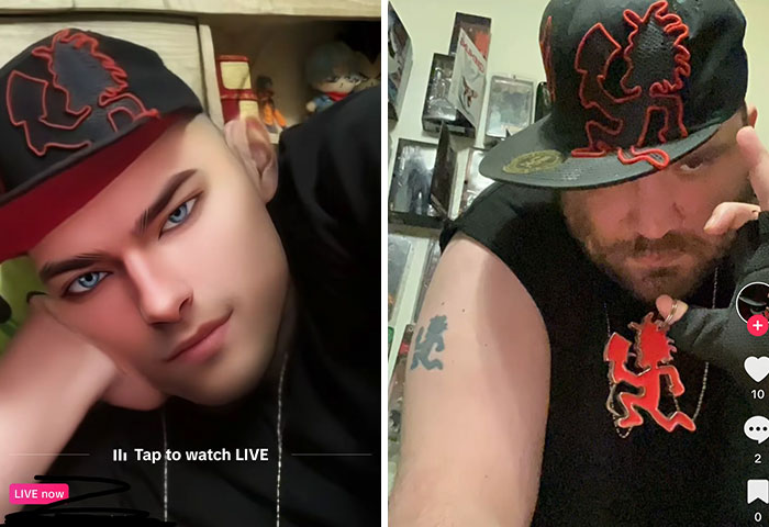 Side-by-side images showing Photoshop airbrush effect vs reality with two people wearing similar outfits and hats indoors.