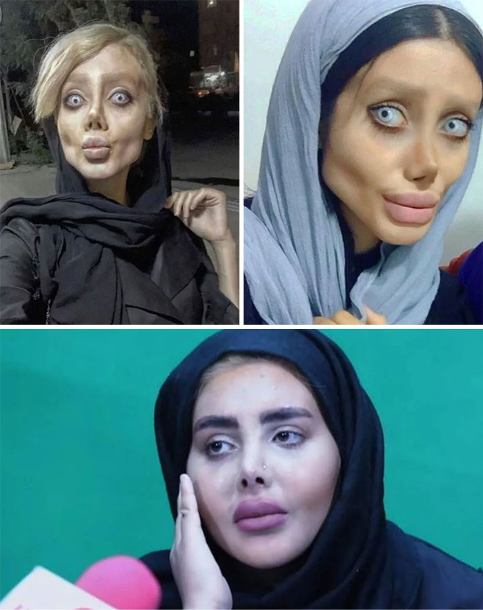 People showing extreme Photoshop airbrush effects, creating exaggerated facial features in contrasting images.