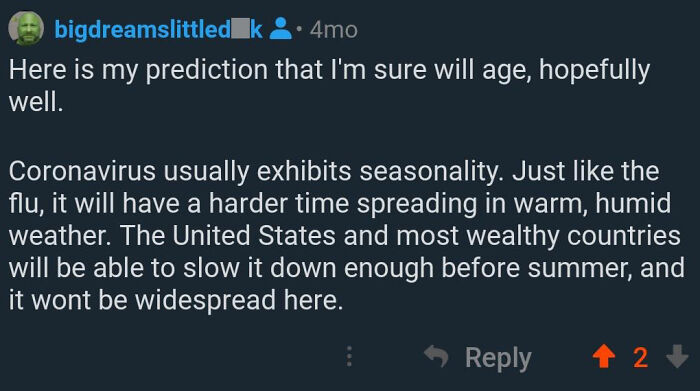Screenshot of a Reddit post predicting COVID-19 seasonality; an example of future predictions aged bad.