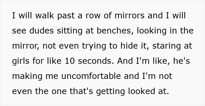 Text on gym behavior, mentioning men staring at women, likening it to a zoo. Text on gym behavior, mentioning men staring at women, likening it to a zoo.