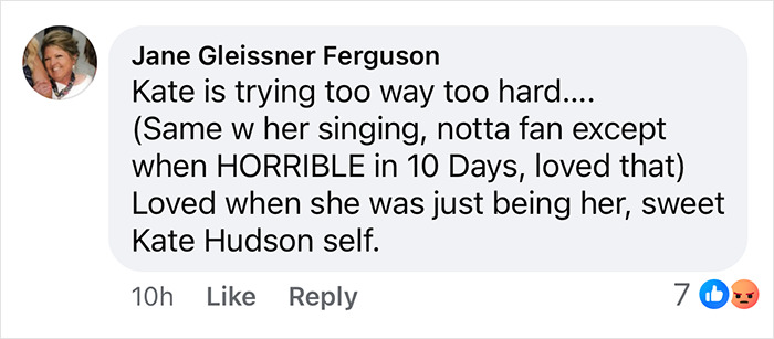 Fan comment mocking Kate Hudson's dress, saying "she's trying too hard" at the 'Running Point' premiere.