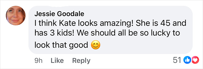 Comment praising Kate Hudson's look, highlighting her age and having three kids.
