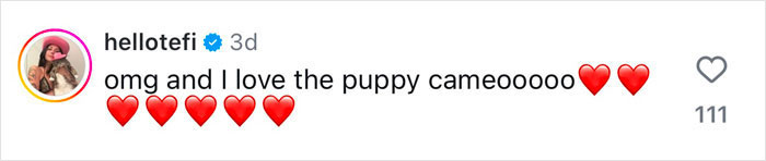 Comment praising puppy photo bomb with emoji hearts.