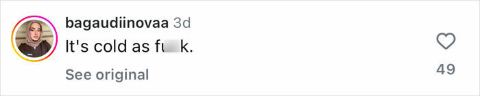 Comment expressing cold weather reaction with 49 likes on a social media post.