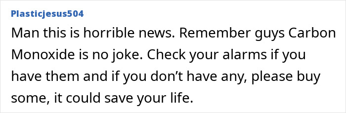 Comment discussing carbon monoxide alarms and safety measures.