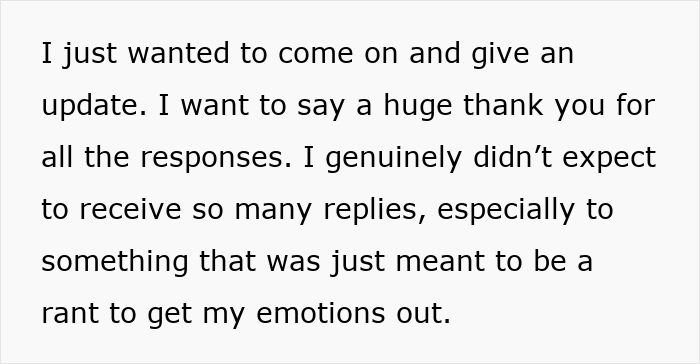 Text on a white background discussing gratitude for responses to a personal update. 