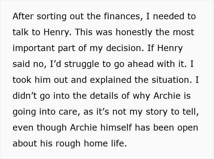 Text discussing a single dad's decision about taking his son's best friend into the family.