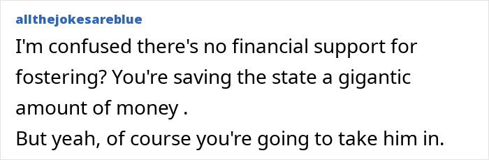 Comment discussing lack of financial support for fostering and considering taking in a child's friend.