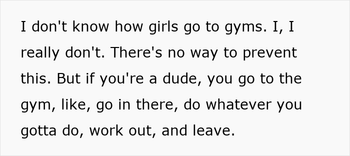 Text excerpt discussing gym culture and behavior norms for men. Text excerpt discussing gym culture and behavior norms for men.