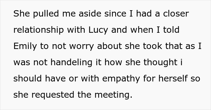 Text discussing a woman, coworker relationships, and a meeting about empathy and handling situations.