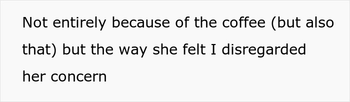 Text about disregarding concern related to coffee incident at workplace, involving pregnant coworker.