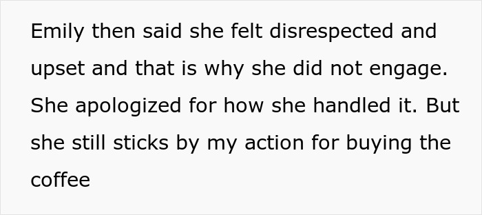 Text screenshot discussing a response to buying coffee for a pregnant coworker, expressing feeling disrespected and upset.