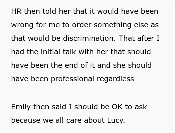 Text discussing HR involvement about buying coffee for a pregnant coworker and addressing a complaint by another colleague.