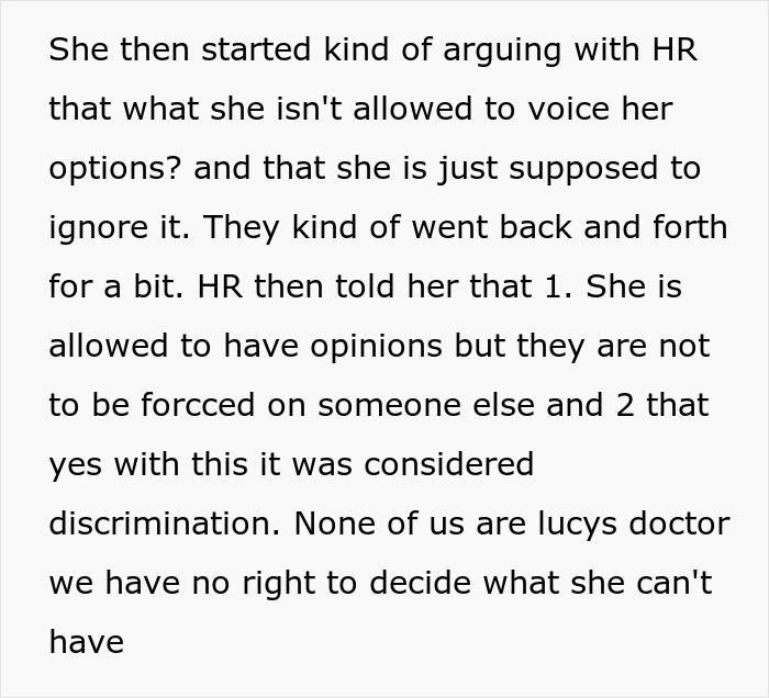 Text discussing a disagreement with HR about employee opinions and discrimination in the workplace setting.