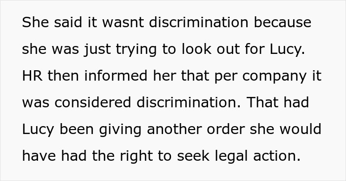 Text discussing a workplace situation about discrimination and HR informing Lucy of legal rights.