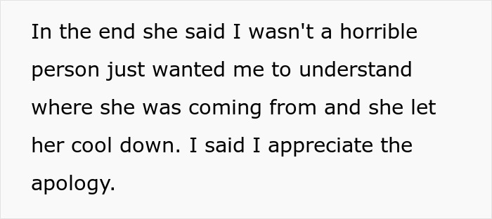 Text about a misunderstanding and an apology involving coworkers over coffee for a pregnant colleague.