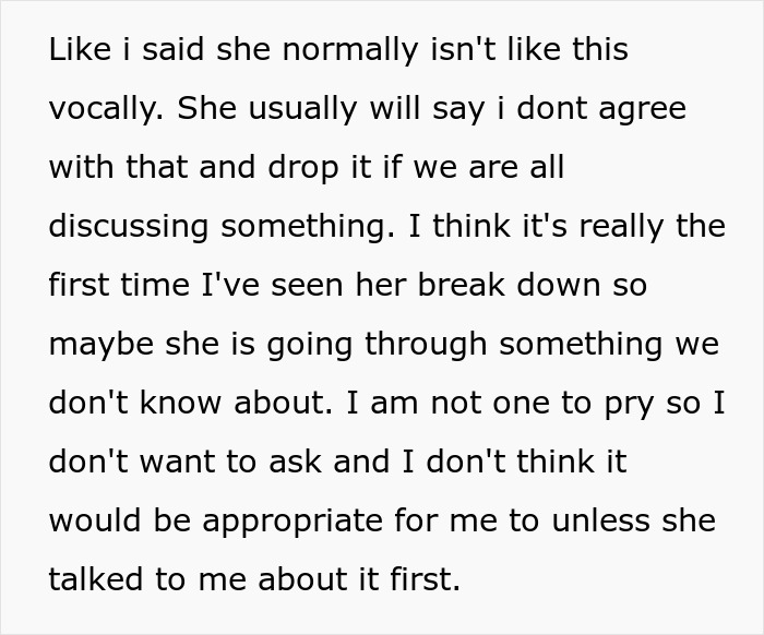Text conversation about a colleague's unusual emotional response, mentioning possible personal struggles.