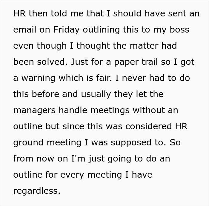 Text recounts HR's advice on email outlines for meetings to avoid warnings.
