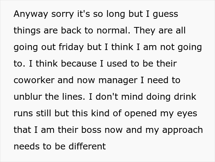 Text discussing coworkers, managerial boundaries, and the impact of drink runs in a professional setting.